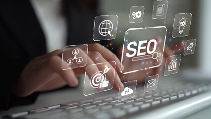 SEO concept for improving SEO visibility, with SEO related digital tools and SEO performance icons shown in an focused layout for strategic marketing. Muxer