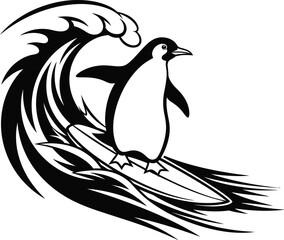 Cool penguin on a surfboard riding a big ocean wave, black and white vector illustration on a white background.