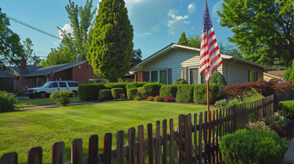 Classic suburban home with American flag, minivan in driveway, perfectly trimmed bushes, backyard glimpsed through wooden fence.