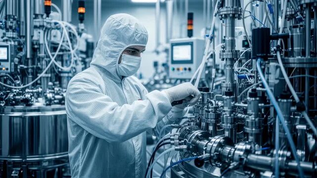 Technician wearing mask and gloves performing maintenance on control valves in an advanced monoclonal antibody bioreactor suite.