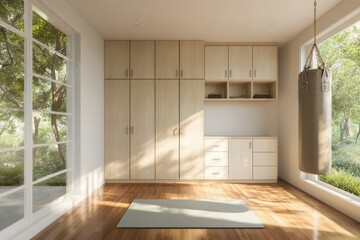 Light-filled home gym with wooden cabinets and a punching bag.