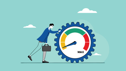 poor work performance concept illustration, laziness at work which prevents a business from developing or growing, sad businessman leaning on cogwheel gear with low productivity level meter
