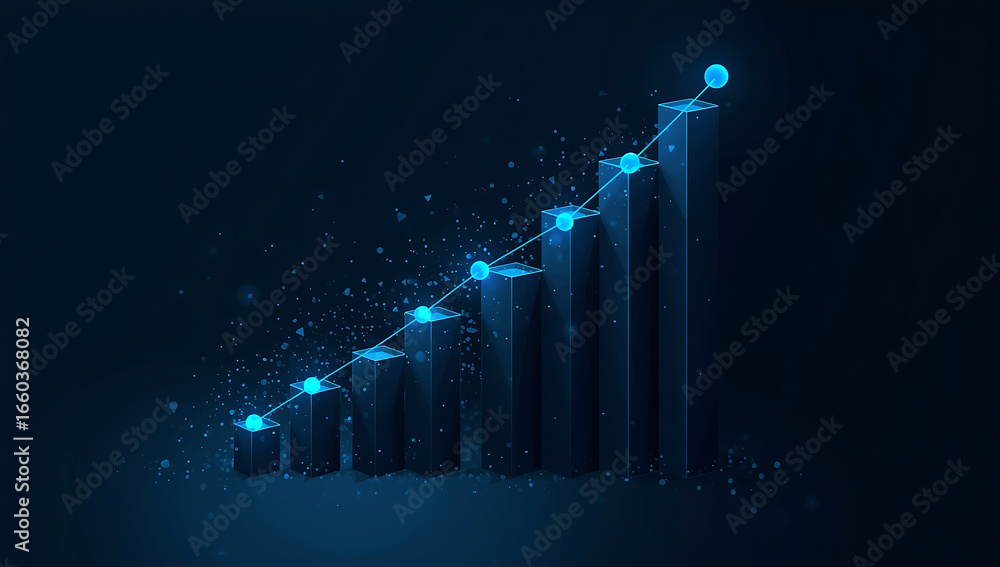 Poster abstract growth chart visualization with ascending bars and connected spheres illuminating path to s
