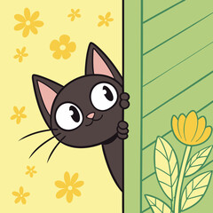 Cartoon black cat peeking around a green door with yellow flowers illustration for children's book or spring themed designs