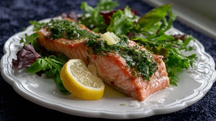 Delicious roasted pink salmon fillet with fresh greens and herbs for a gourmet meal.