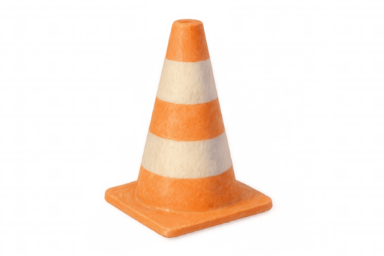 Orange-white striped traffic cone positioned vertically against transparent backdrop, signaling road safety warning