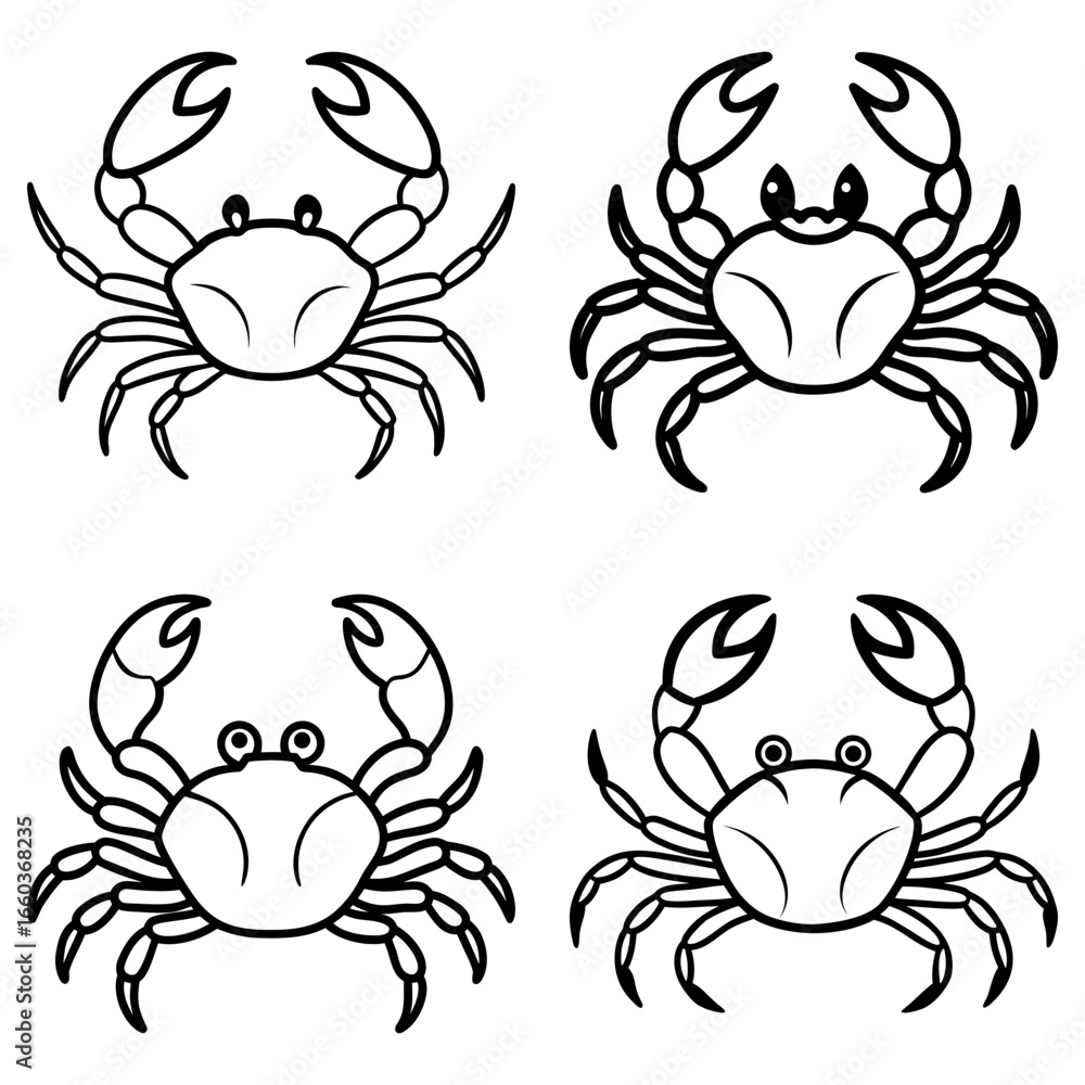 Poster four simple line drawing crabs with claws and legs facing different directions on a white background