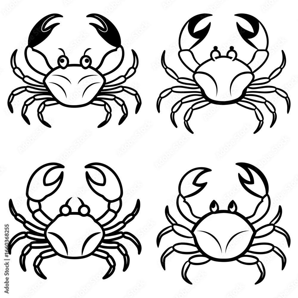 Aufkleber four outlined crabs with different expressions and claw positions arranged in a square pattern desig