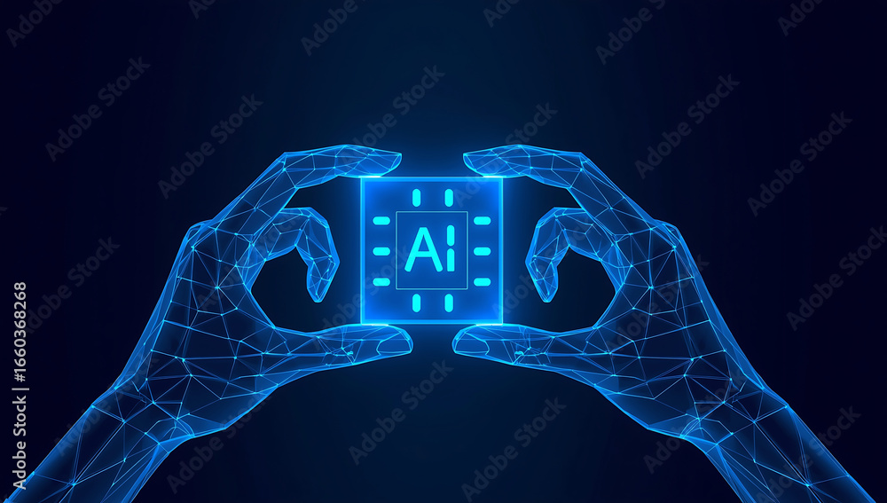 Poster futuristic ai technology concept holographic hands holding glowing processor chip displaying artific