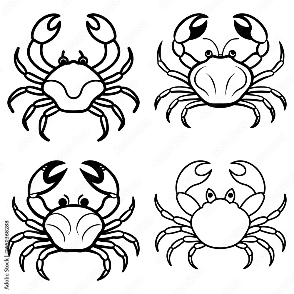 Poster four outlined crabs with different styles of claws and eyes arranged in a square formation on white