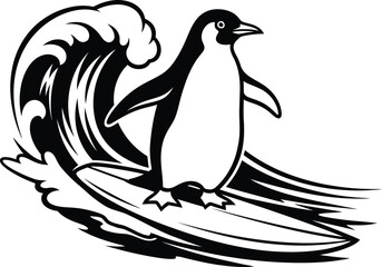  Awesome surfing penguin riding a big ocean wave on a surfboard, a bold black and white vector illustration on a white background.