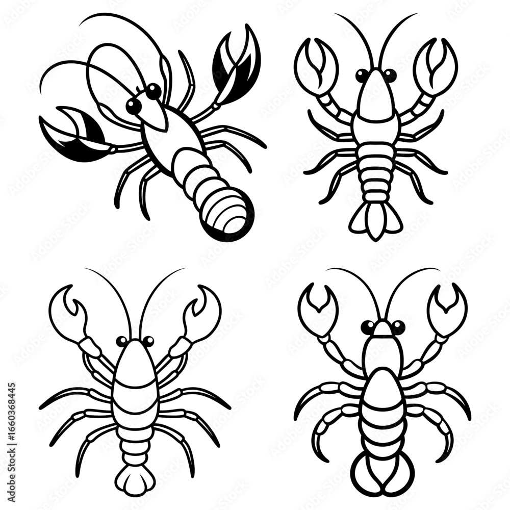 Poster four outlined lobsters in various poses with detailed claws and segmented bodies on a white backgrou