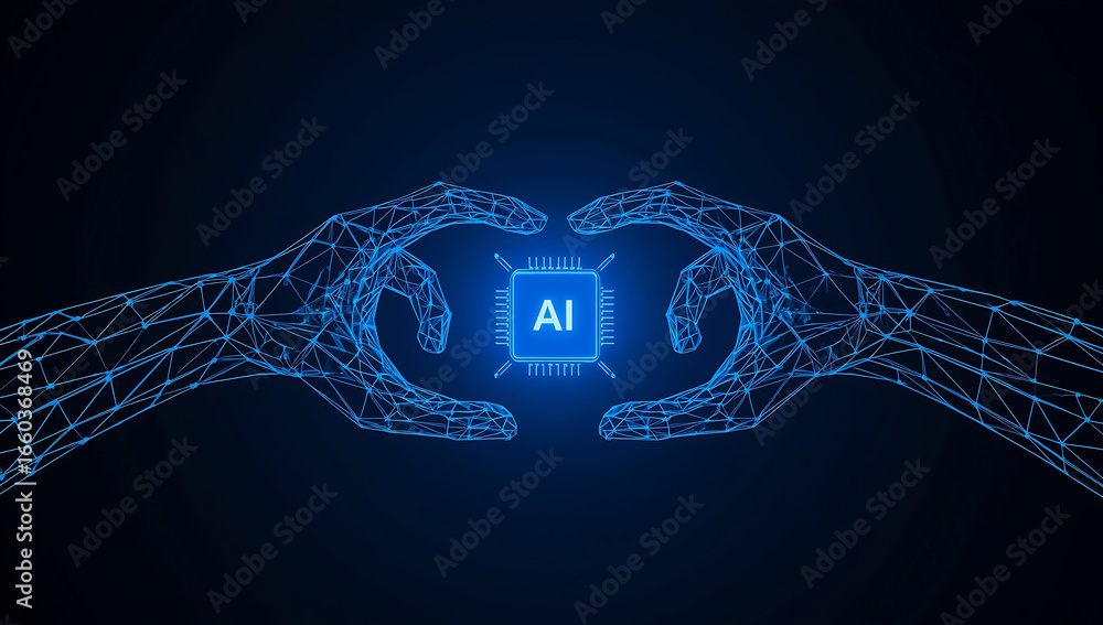 Poster artificial intelligence conceptualization hands embrace ai chip in digital cyberspace a symbolic rep