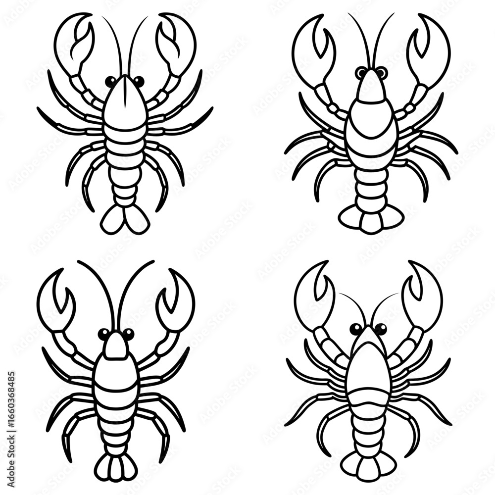 Poster four outline drawings of lobsters with large claws and segmented bodies arranged on a white backgrou