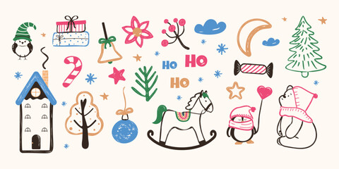A set of winter holiday elements hand drawn with a grunge brush . Vector modern children's drawing in a doodle style.
