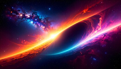 A vibrant, otherworldly landscape of space, showcasing a breathtaking celestial event with a fiery sunrise or sunset over a distant planet, filled with striking color gradients and glowing nebulae.
