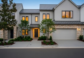 Contemporary townhomes with clean lines, dark metal roofs, and illuminated windows against a twilight sky. Showcases modern suburban living and architectural design.