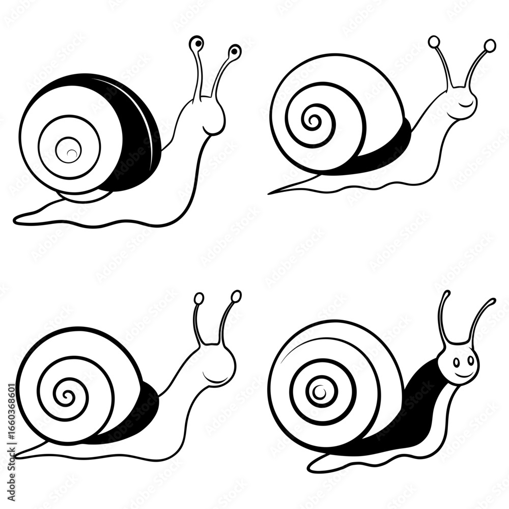Aufkleber collection of four outlined snails with different shell patterns and facial expressions on a white b