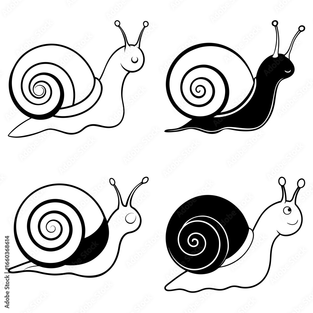 Poster four snail illustrations with different shell and body color variations on a white background