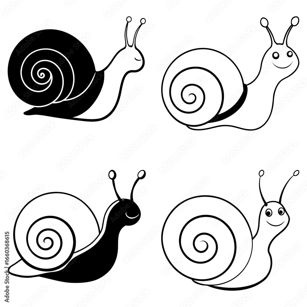 Poster four cartoon snails with shells and antennae in black and white color variations in a simple illustr