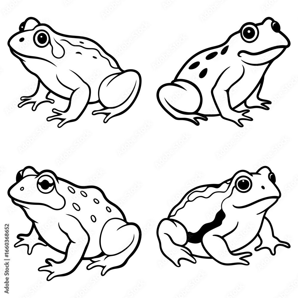 Poster four outlined frogs with different patterns sitting in various poses on a white background design ar