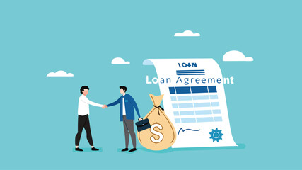 loan agreement, proof of loan document, two businessmen shaking hands making a loan agreement with a bag of dollars and a loan agreement document concept vector illustration
