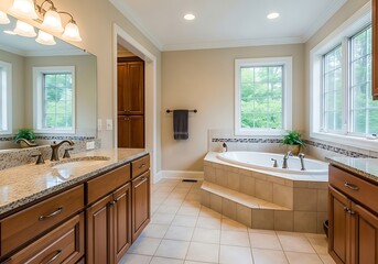 A bright and spacious bathroom featuring a built-in oval bathtub with steps, a double vanity with granite countertop and dark wood cabinets, and large windows providing natural light.