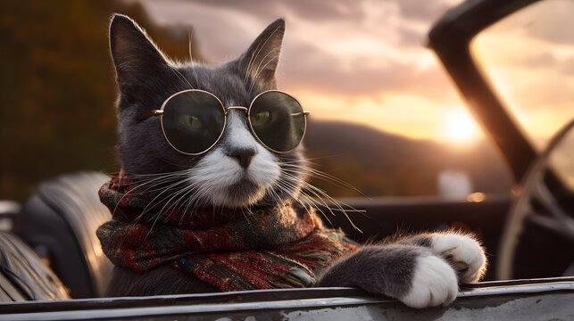 Humorous Cat Wearing Sunglasses and Scarf Leaning Out of Car Window at Sunset perfect for pet-themed campaigns, travel humor content, quirky greeting cards and lifestyle branding