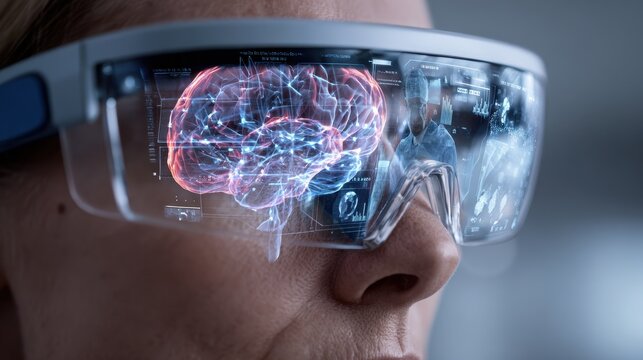 Medium closeup of smart glasses interface visualizing realtime brain margin mapping in neurosurgery focus on digital data display with surgeons blurred silhouette enhancing depth - Powered by Adobe