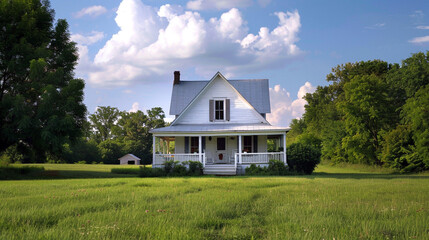 Classic white farmhouse with wraparound porch, rocking chairs, barn in the background, lush green field, and big skies.