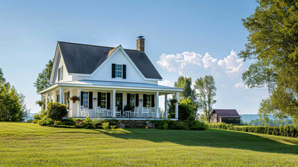 Classic white farmhouse with wraparound porch, rocking chairs, barn in the background, lush green field, and big skies.