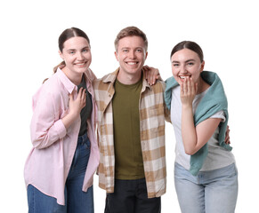 Fototapeta premium Friends laughing on white background. Positive emotion