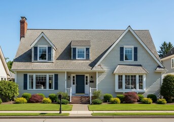 Front view of a charming, traditional suburban home featuring light siding, blue shutters, a gabled roof, and lush landscaping on a clear sunny day.
