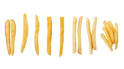 Various styles of french fries in a line from curly to crinkle-cut on transparent background
