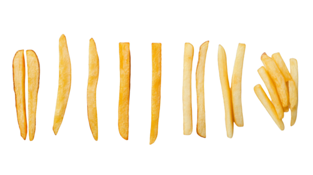Various styles of french fries in a line from curly to crinkle-cut on transparent background