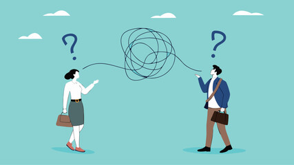 Communication problem or conflict opinion, misunderstanding or confusion, dissent or miscommunication concept, two confused work partners communicating with messy lines
