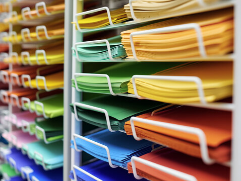 Estanter&iacute;a de papeler&iacute;a con ranuras horizontales que organizan papel de colores como amarillo, verde, azul, rosa y naranja, ideal para manualidades, oficina, escuela y decoraci&oacute;n creativa. Copister&iacute;a