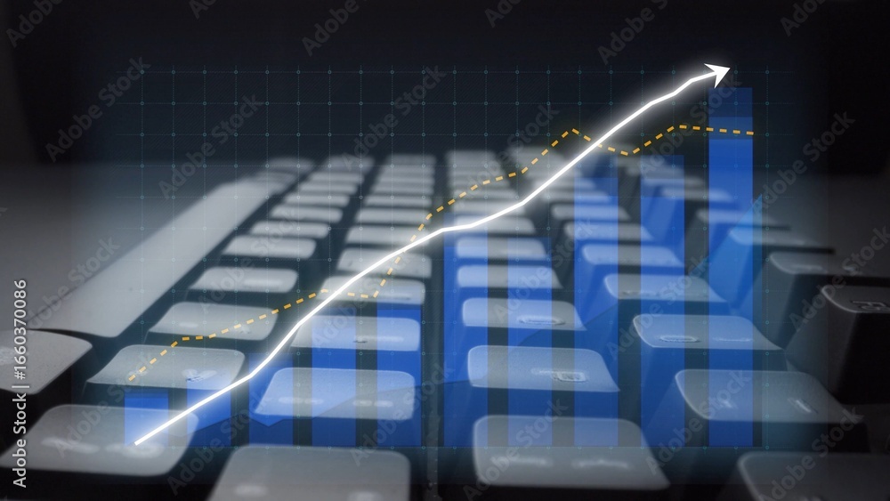 Poster a close-up of a modern computer keyboard features a financial growth graph overlay, showcasing data 