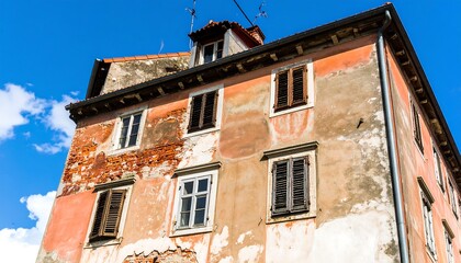 A weathered, multi-storied building with peeling paint and exposed brickwork, showcasing aged shutters and windows against a vibrant blue sky.