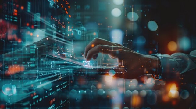 Hands typing on laptop with digital code overlay