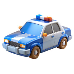 A cartoonish, blue and white police sedan with flashing red and blue lights on its roof, representing law enforcement and emergency services in a city.