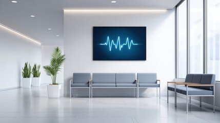Modern waiting area featuring sleek gray seating, vibrant green plants, and a digital heartbeat artwork on the wall, creating a calming atmosphere for visitors