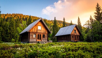 Obraz premium Two rustic wooden cabins nestled amidst a vibrant forest at golden hour, bathed in warm sunlight and peaceful ambiance.