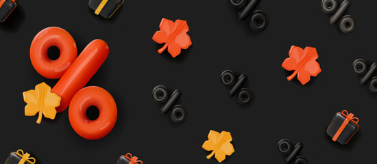 Autumn sale background with 3d vector red and yellow fall leaves. Orange percentage sign and maple leaves Thanksgiving advertising, sale and discount concept