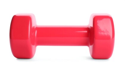 Obraz premium A vibrant, glossy, single dumbbell, a bright crimson red hue, is presented against a stark white background.