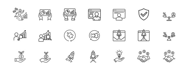  set of line icon and editable stock for Sustainable Finance , Rocket Icon Launch ,Handshake Business ,Innovative Light ,Analyzing Growth, Balancing Percentage and Dollar vector illustration 