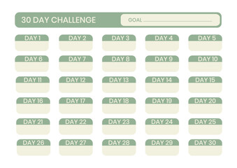 Minimalist 30-day challenge tracker template in green color. Habit tracker planner for productivity, health, fitness, wellness, and lifestyle improvement. Printable daily and monthly chart for organiz