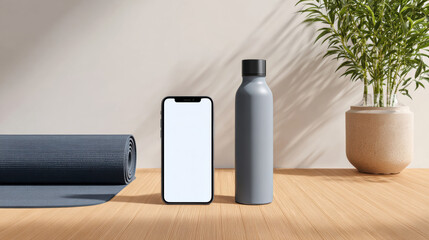 Smartphone mock up with blank screen, gray water bottle, yoga mat, and green plant on wooden floor, creating a serene wellness environment with copy space
