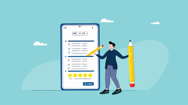 Online survey questionnaire, comments or criticism and suggestions, answer questions online, customer feedback list for evaluation, man with pencil finish online survey questionnaire on smartphone
