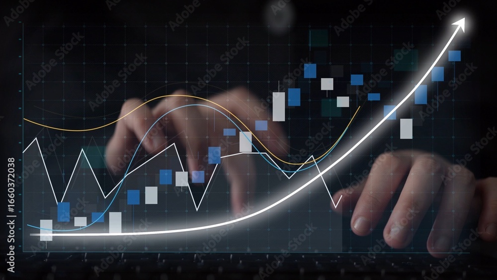 Poster a focused analysis of stock market trends captures hands typing on a keyboard, revealing dynamic dat